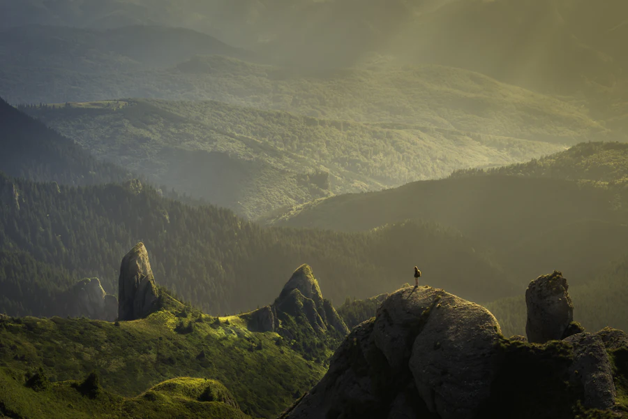 Misty hills and rock formations